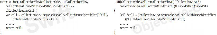 使用UICollectionView的dequeueReusableCellWithReuseIdentifier:forIndexPath:方法獲得可重用的單元格，模式代碼